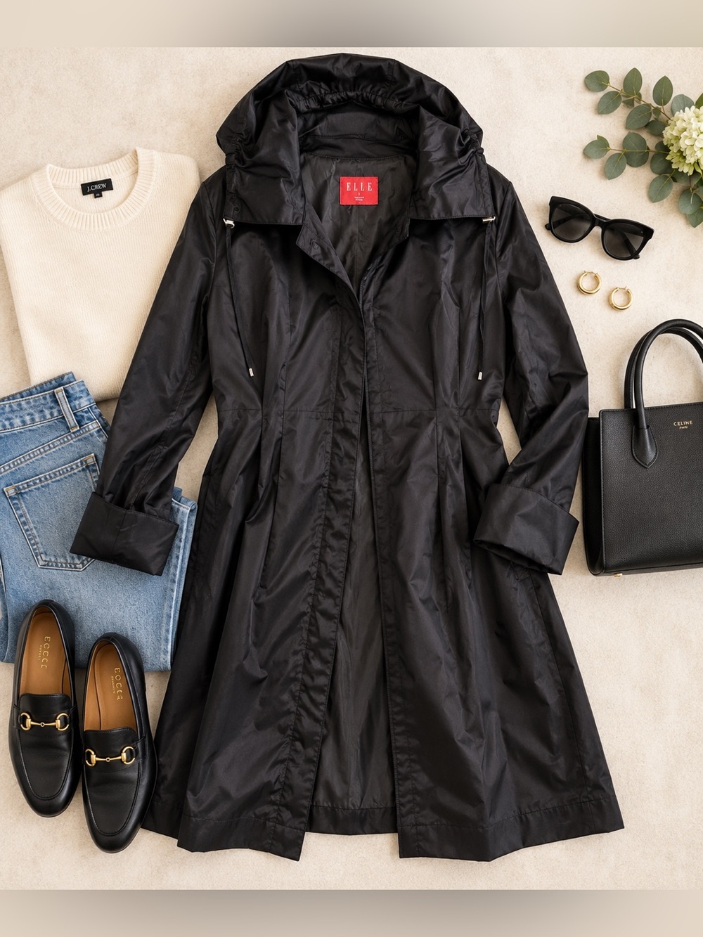 ELLE Black Satin Sheen Hooded Trench Coat Jacket Size L Lightweight Longline